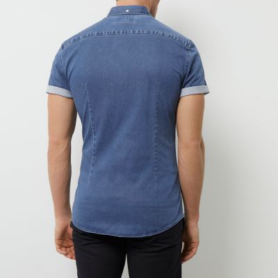 Mid blue wash short sleeve muscle fit shirt